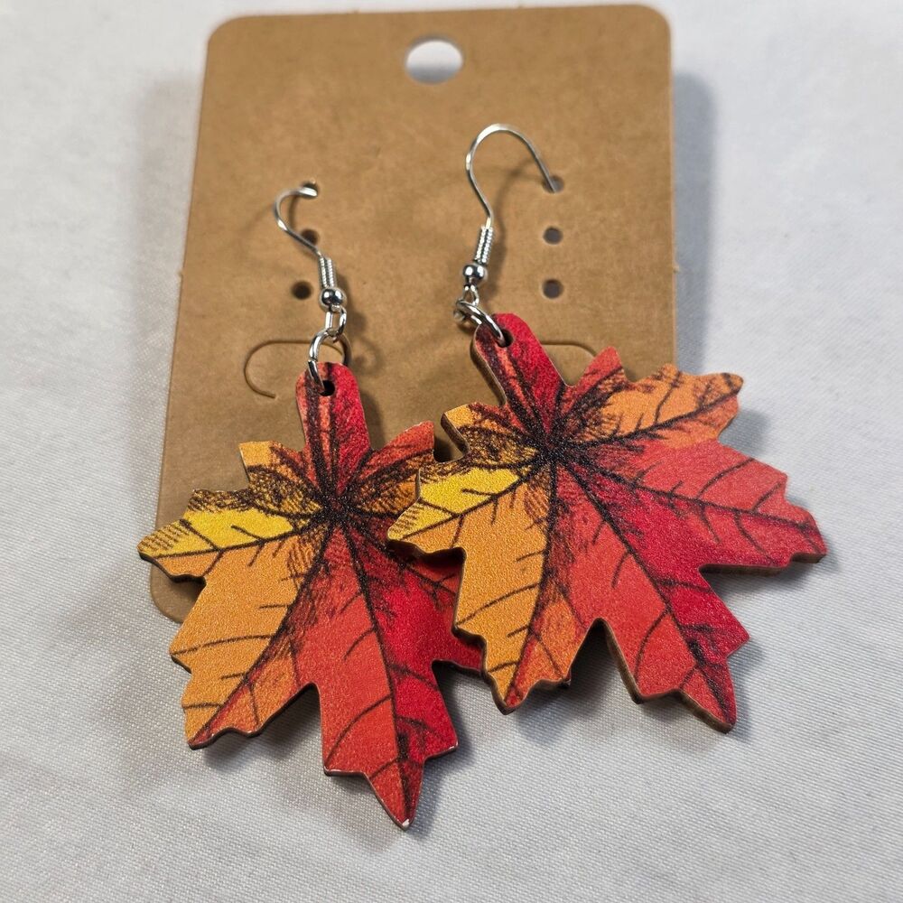 Wooden Maple Leaf Earrings Fall Autumn Dangle Drop Orange Red Leaf Jewelry NEW